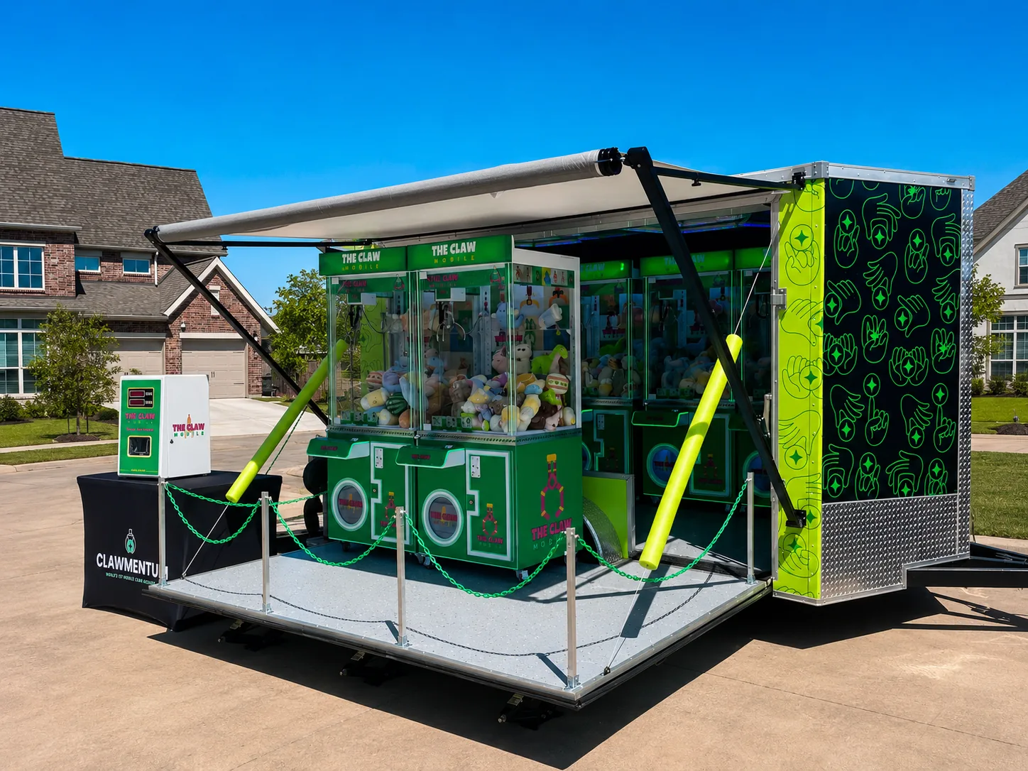 Close view of the Clawmentum mobile arcade setup